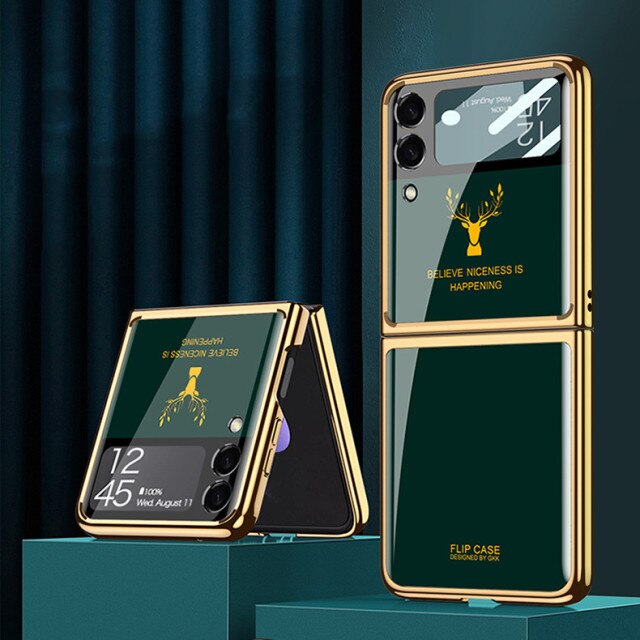 Luxury Deer Pattern Electroplating Tempered Glass Case For Samsung Z Flip Series