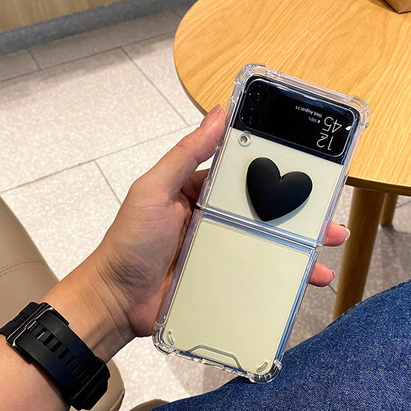 Cute 3D Black Heart Transparent PC Hard Slim Phone Case For Samsung Galaxy Z Flip