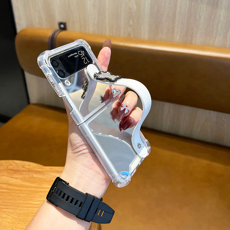 Mirror Case With Leather Wrist Strap Stand For Galaxy Z Flip Series