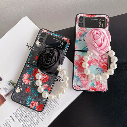 Elegant Leather Rose case with Pearl Bracelet For Samsung Galaxy Z Flip Series