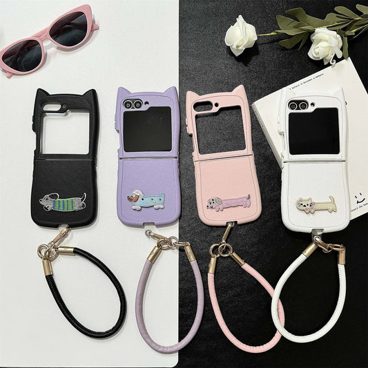 Dopamine Color Embroidery Cat Ear Phone Case with Hand Strap for Galaxy Z Flip 4/5/6/7
