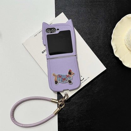 Dopamine Color Embroidery Cat Ear Phone Case with Hand Strap for Galaxy Z Flip 4/5/6/7