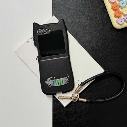 Dopamine Color Embroidery Cat Ear Phone Case with Hand Strap for Galaxy Z Flip 4/5/6/7