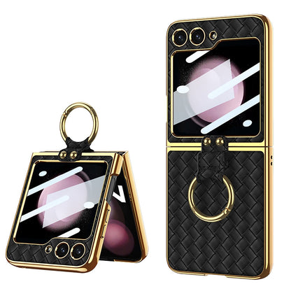 Leather Pattern Case with Ring Holder Bracket for Samsung Galaxy Z Flip Series