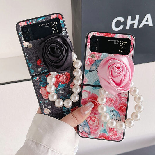 Elegant Leather Rose case with Pearl Bracelet For Samsung Galaxy Z Flip Series
