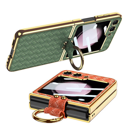 Leather Pattern Case with Ring Holder Bracket for Samsung Galaxy Z Flip Series