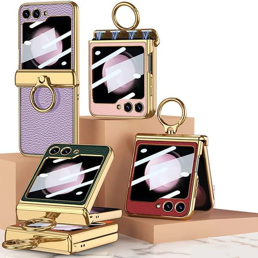 Leather Case With Front Glass & Bracket For Galaxy Z Flip Series