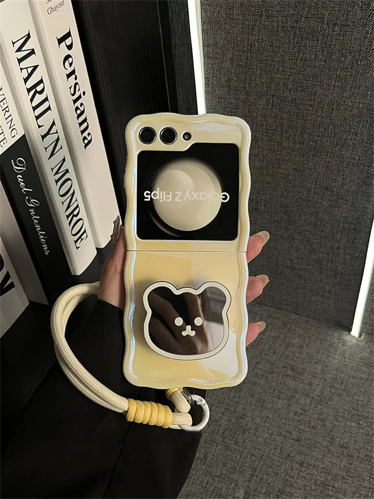 Korean Cute Yellow Case with Bear Mirror & Rope for Samsung Galaxy Z Flip 5/6/7
