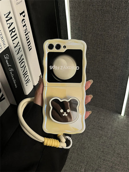 Korean Cute Yellow Case with Bear Mirror & Rope for Samsung Galaxy Z Flip 5/6/7