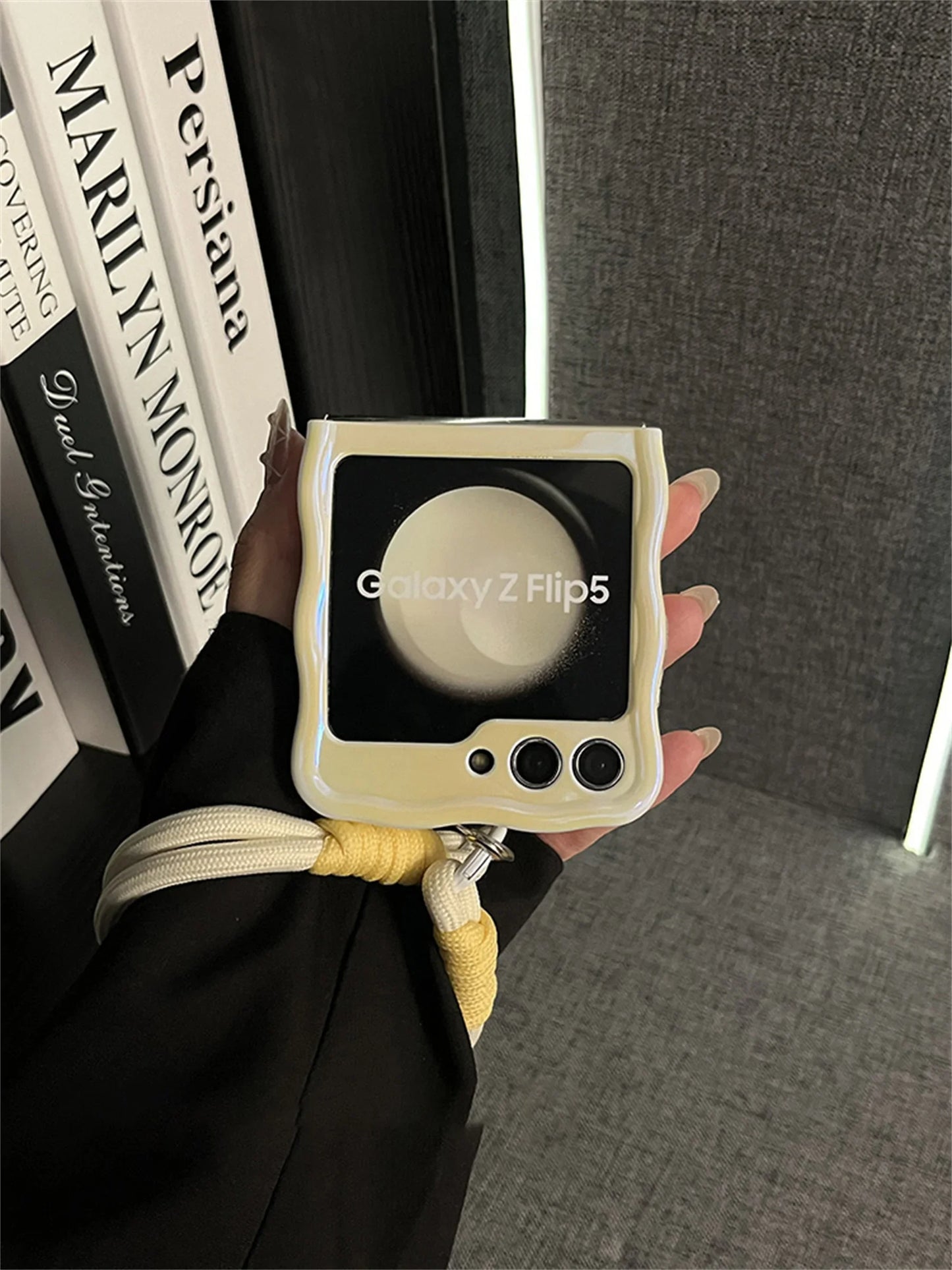 Korean Cute Yellow Case with Bear Mirror & Rope for Samsung Galaxy Z Flip 5/6/7