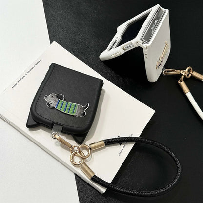 Dopamine Color Embroidery Cat Ear Phone Case with Hand Strap for Galaxy Z Flip 4/5/6/7
