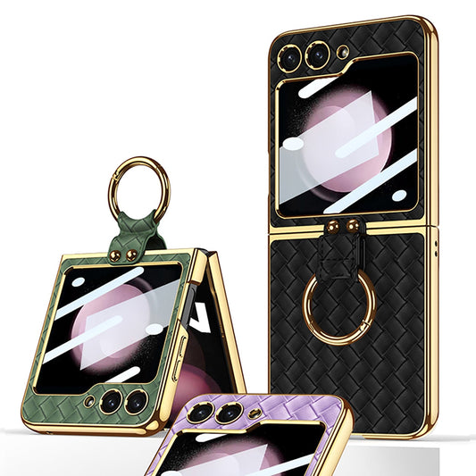Leather Pattern Case with Ring Holder Bracket for Samsung Galaxy Z Flip Series