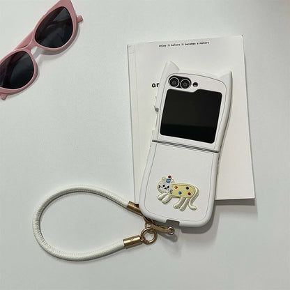 Dopamine Color Embroidery Cat Ear Phone Case with Hand Strap for Galaxy Z Flip 4/5/6/7