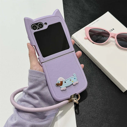Dopamine Color Embroidery Cat Ear Phone Case with Hand Strap for Galaxy Z Flip 4/5/6/7