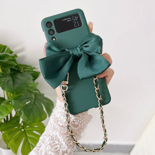 Korean 3D Leather Bow Lanyard Necklace Strap Hard Phone Case For Samsung Galaxy Z Flip Series