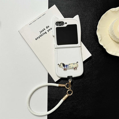 Dopamine Color Embroidery Cat Ear Phone Case with Hand Strap for Galaxy Z Flip 4/5/6/7