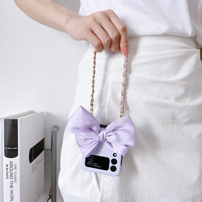 Korean 3D Leather Bow Lanyard Necklace Strap Hard Phone Case For Samsung Galaxy Z Flip Series