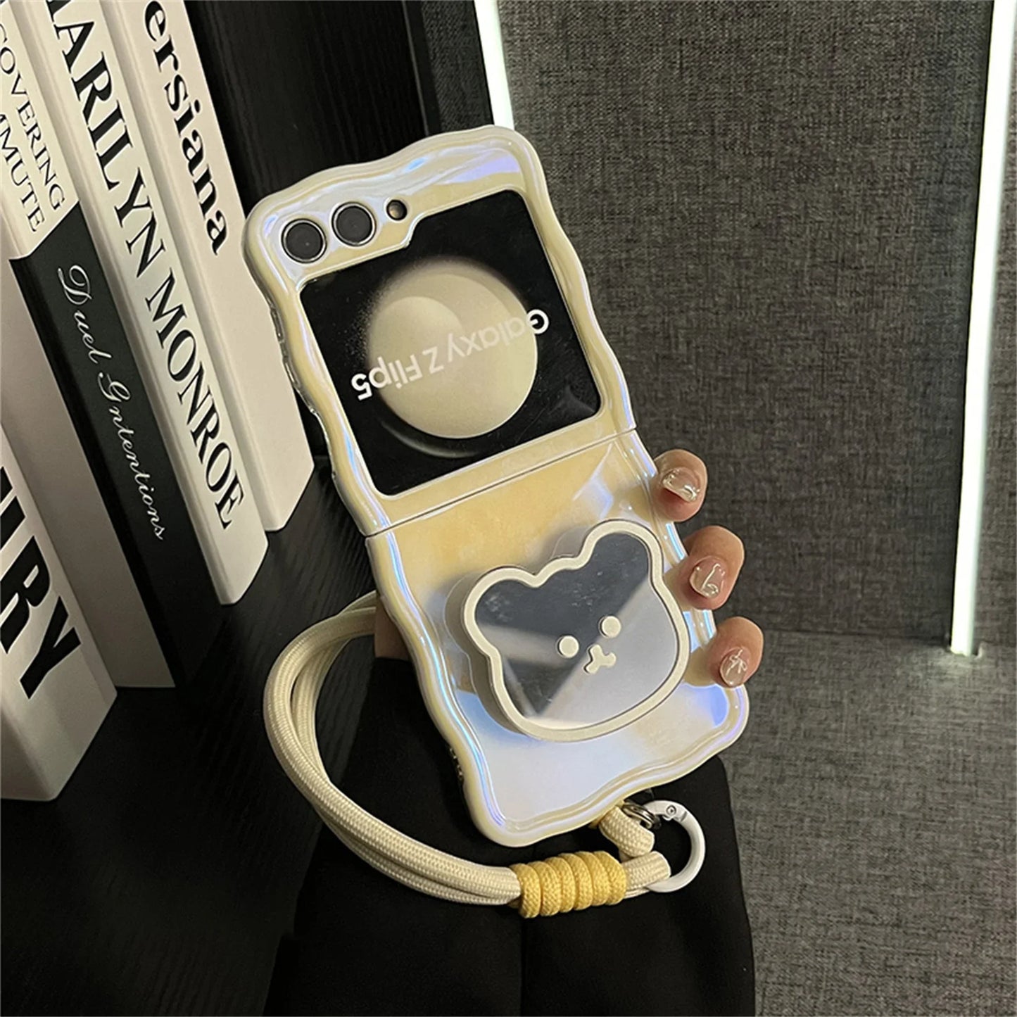 Korean Cute Yellow Case with Bear Mirror & Rope for Samsung Galaxy Z Flip 5/6/7