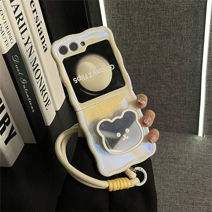 Korean Cute Yellow Case with Bear Mirror & Rope for Samsung Galaxy Z Flip 5/6/7