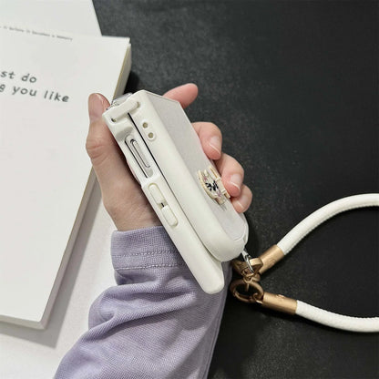 Dopamine Color Embroidery Cat Ear Phone Case with Hand Strap for Galaxy Z Flip 4/5/6/7