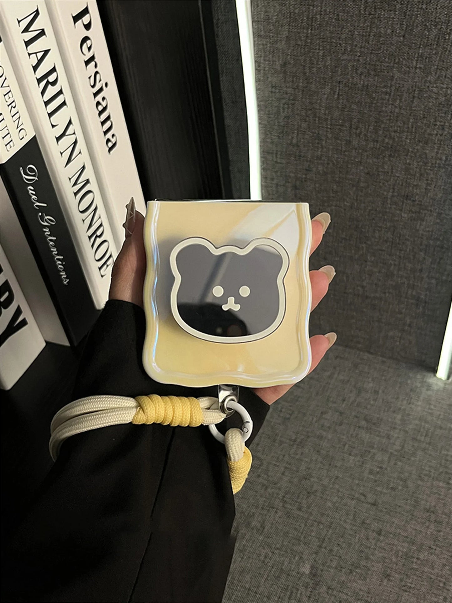 Korean Cute Yellow Case with Bear Mirror & Rope for Samsung Galaxy Z Flip 5/6/7