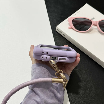 Dopamine Color Embroidery Cat Ear Phone Case with Hand Strap for Galaxy Z Flip 4/5/6/7