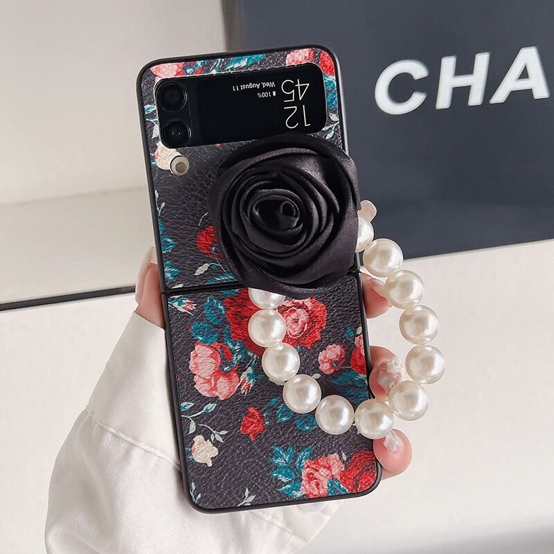 Elegant Leather Rose case with Pearl Bracelet For Samsung Galaxy Z Flip Series