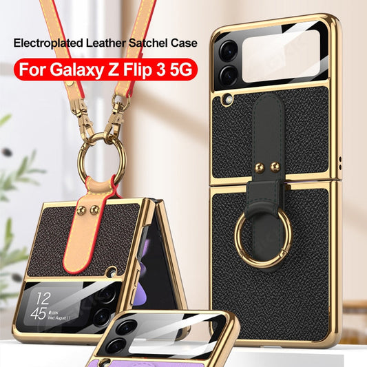 Luxury Leather Back Screen Tempered Glass Hard Frame Cover For Samsung Z Flip Series With Lanyard