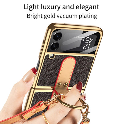 Luxury Leather Back Screen Tempered Glass Hard Frame Cover For Samsung Z Flip Series With Lanyard
