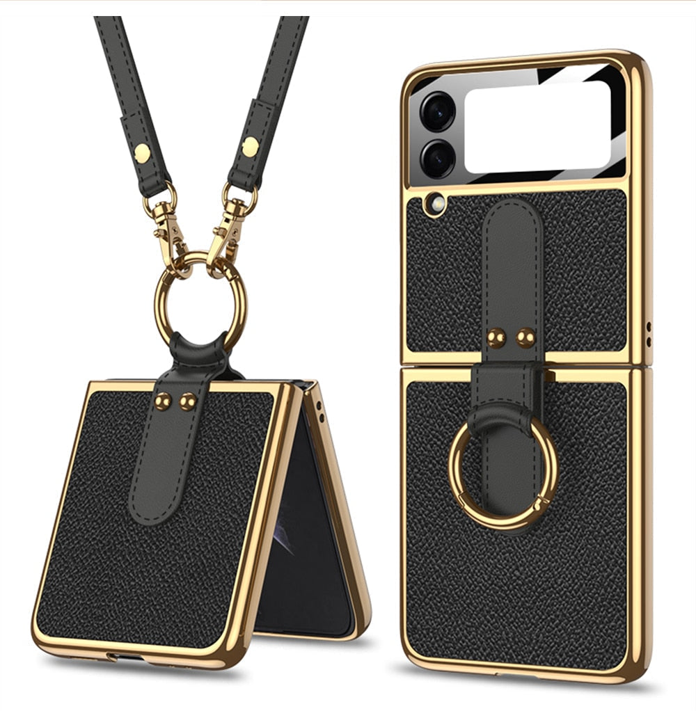 Luxury Leather Back Screen Tempered Glass Hard Frame Cover For Samsung Z Flip Series With Lanyard
