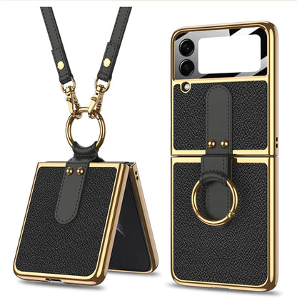Luxury Leather Back Screen Tempered Glass Hard Frame Cover For Samsung Z Flip Series With Lanyard