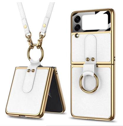 Luxury Leather Back Screen Tempered Glass Hard Frame Cover For Samsung Z Flip Series With Lanyard