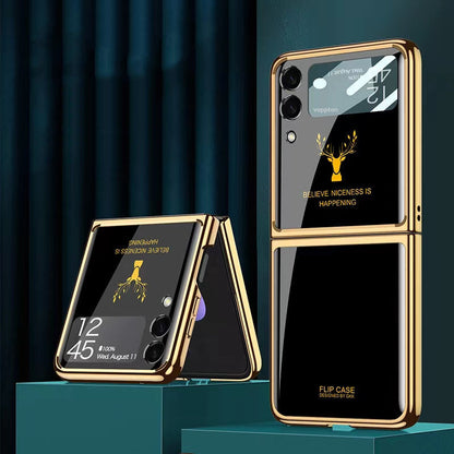 Luxury Deer Pattern Electroplating Tempered Glass Case For Samsung Z Flip Series