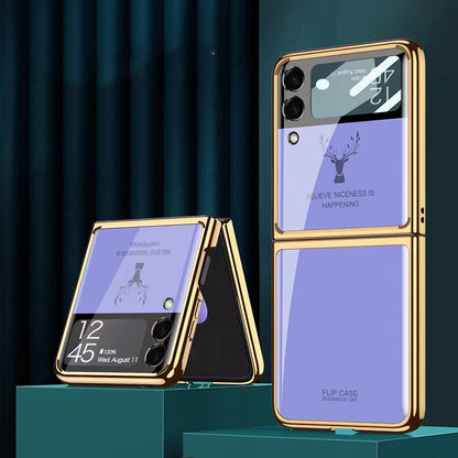 Luxury Deer Pattern Electroplating Tempered Glass Case For Samsung Z Flip Series