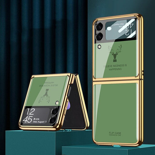 Luxury Deer Pattern Electroplating Tempered Glass Case For Samsung Z Flip Series