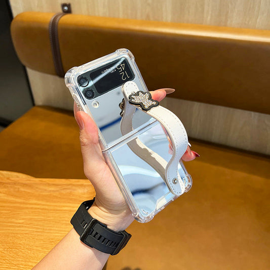 Mirror Case With Leather Wrist Strap Stand For Galaxy Z Flip Series